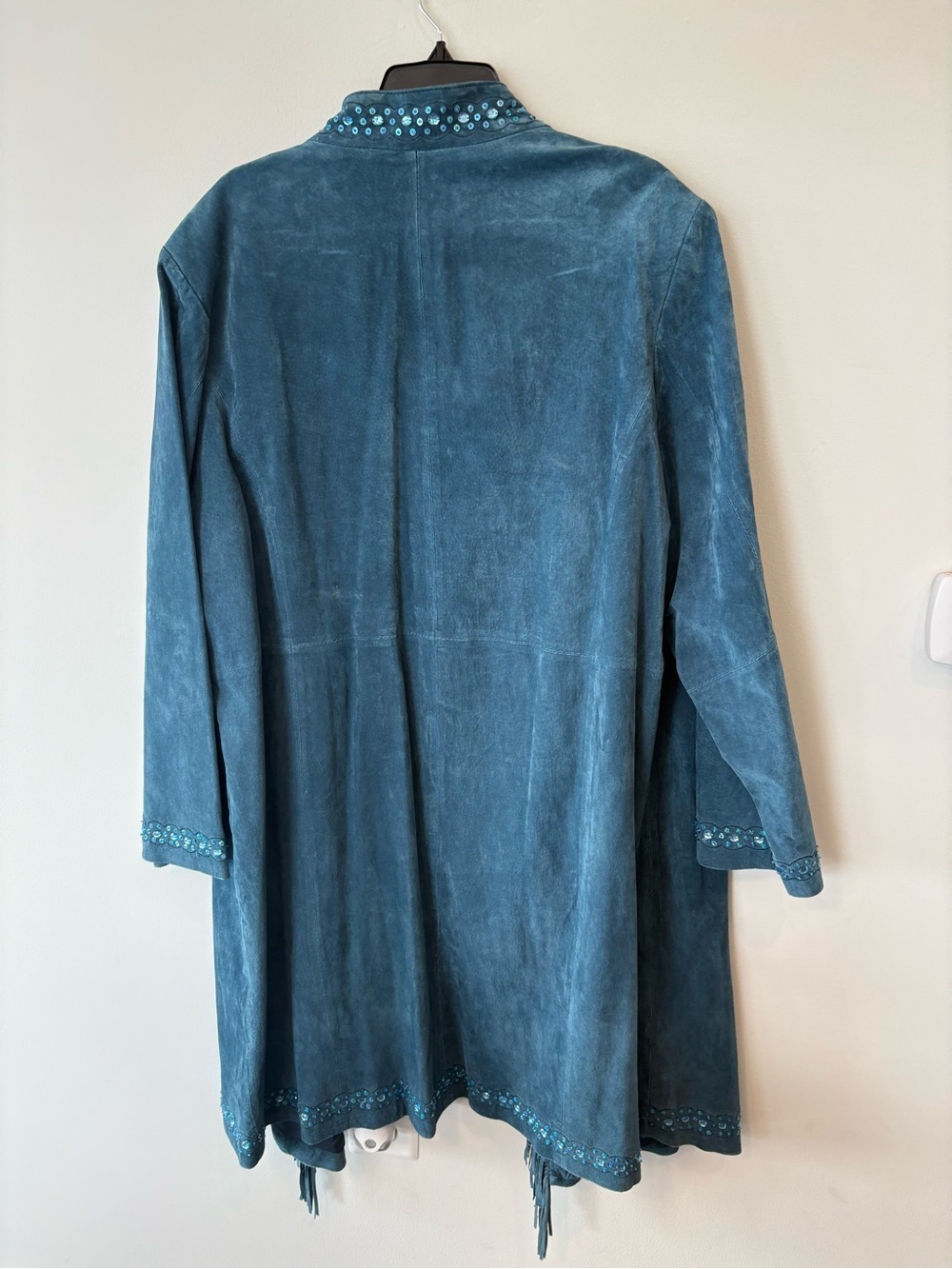 INSANE Y2K Women's Teal Suede Fringe Coat beaded event concert XL - Picture 11 of 13